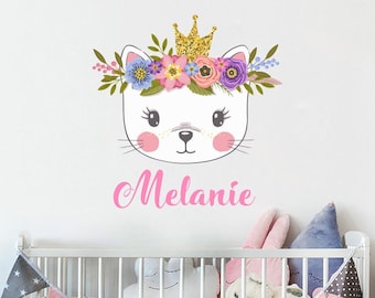 Cat Name Wall Decal. Watercolor Head Cat Decal. Girl Name Wall Sticker. Baby Nursery Vinyl Decals. Princess Decal. Nursery Decor R91