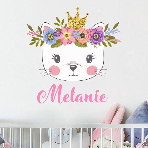 Cat Name Wall Decal. Watercolor Head Cat Decal. Girl Name Wall Sticker. Baby Nursery Vinyl Decals. Princess Decal. Nursery Decor R91