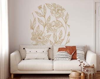Gold Floral Line Art Arch Wall Decal, Minimal Peel and Stick Wall Sticker for Living Room, Vintage Flower Accent Wall Decor for Apartment
