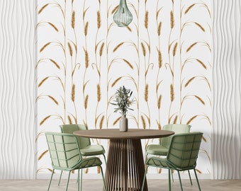 Boho Wallpaper with Wheat Print for Home, Peel and Stick Accent Floral Wallpaper for Cottage, Removable Nature Wallpaper Pastel Wall Decor