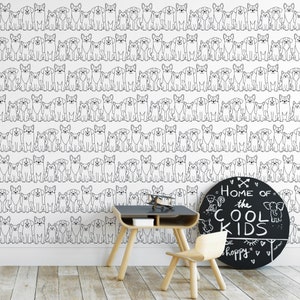 Adorable Dog Line Art Wallpaper Peel and Stick, Tiny Animal Pattern for Toddler Wall Decor, Monochrome Pets Wall Mural Kids Bedroom PVC Free