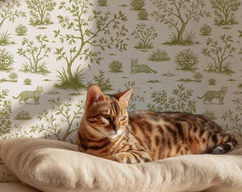 Bengal Toile Peel & Stick Vintage Wallpaper, Toile de Jouy Cat Wallpaper, Whimsical Bengal Cat Mural for Bathroom, Grooming Salon or Cafe