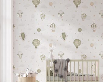Green Balloon Removable Wallpaper, Wall Decals for Nursery, Kids Room Wallpaper Peel and Stick, Vintage Air Balloon Wallpaper, Nursery Decor