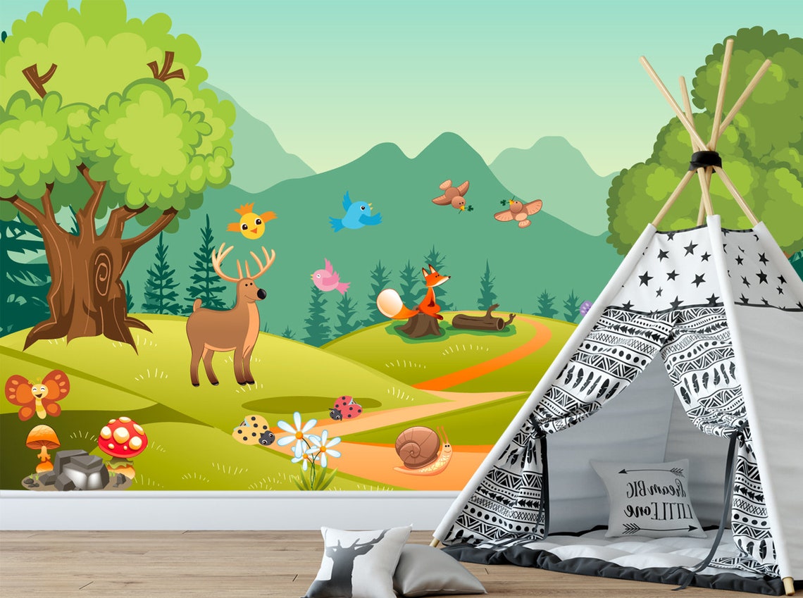 Woodland Animals Wallpaper. Peel and Stick Wall Mural. Etsy