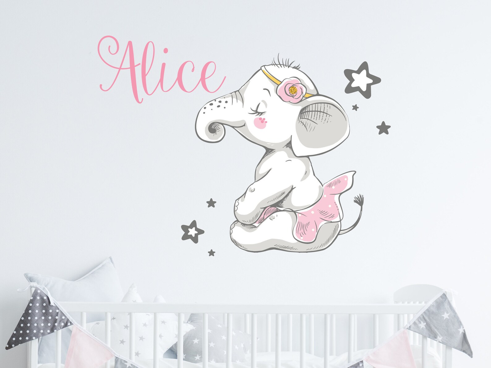 Elephant Name Wall Decal. Watercolor Elephant Decal. Girl Name Etsy