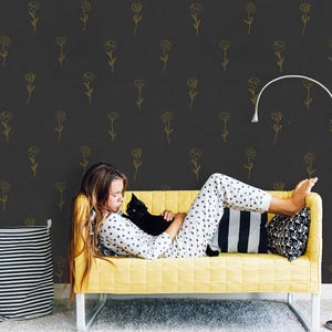 Dark Floral Wallpaper with Gold Rose Pattern, Peel and Stick Removable Wallpaper for Elegant Interiors, Line Art Flower Accent Wall for Home