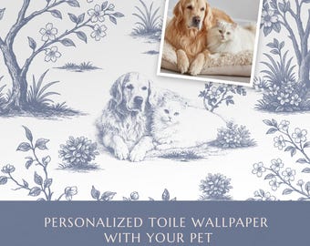 May include: Personalized toile wallpaper featuring a golden retriever and a white cat, with a floral and tree design in blue and white. The image includes a smaller photo of the pets. Text reads: "Personalized Toile Wallpaper With Your Pet."