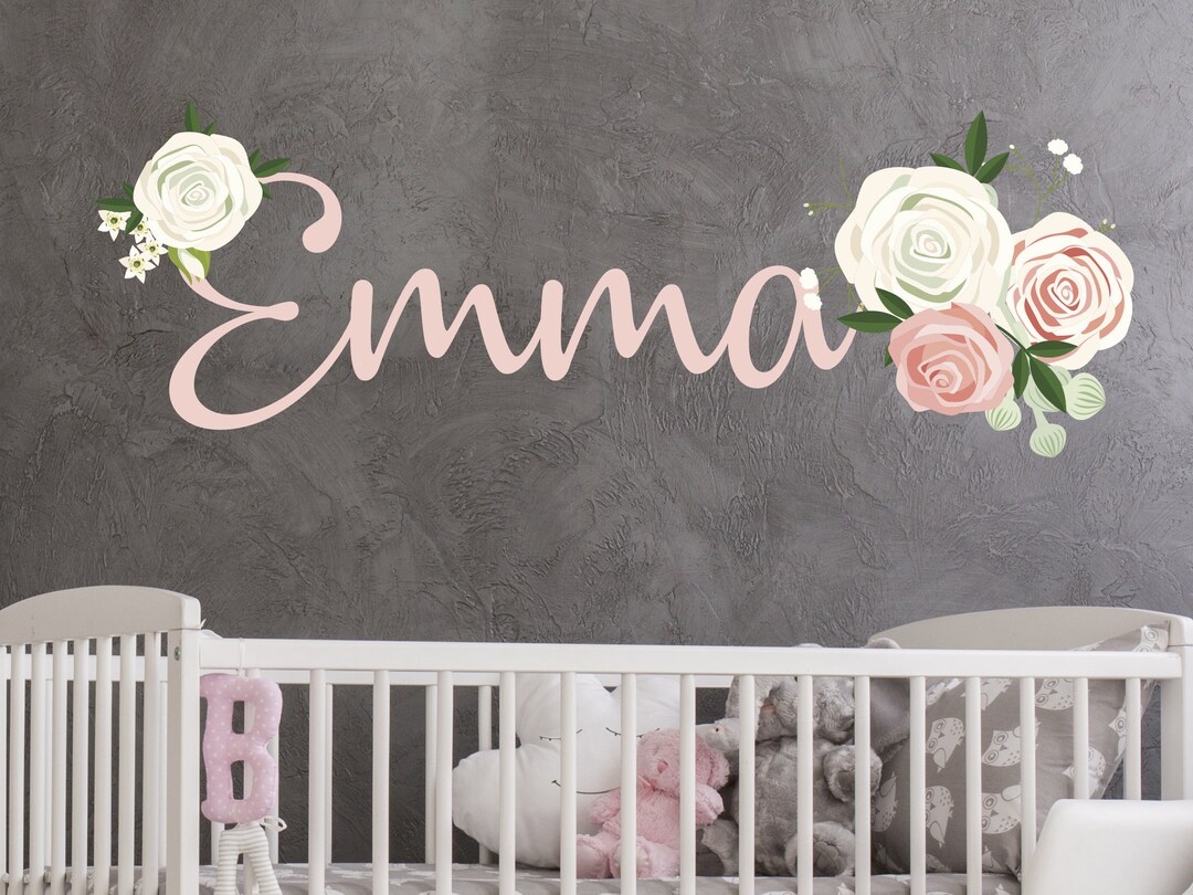 Custom Name Watercolor Flowers Wall Decal - Baby Girl Name Decal ...