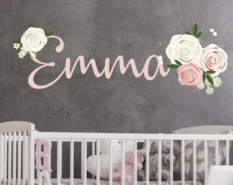 Custom Name Watercolor Flowers Wall Decal -  Baby Girl Name Decal - Nursery Decor - Flower Vinyl Stickers -  Colorful Wall Print R77