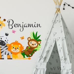 Full Color Safari Nursery Wall Decal. Watercolor Animals Name Decal. Baby Name Wall Sticker. Boy Name Room Decor. Custom Vinyl Sticker R55