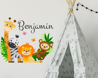 Full Color Safari Nursery Wall Decal. Watercolor Animals Name Decal. Baby Name Wall Sticker. Boy Name Room Decor. Custom Vinyl Sticker R55