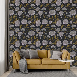 Dark Floral Wallpaper William Morris Style Seamless Pattern, Plant Wallpaper No PVC Bohemian Style, Wall Mural Removable Large Peons Print