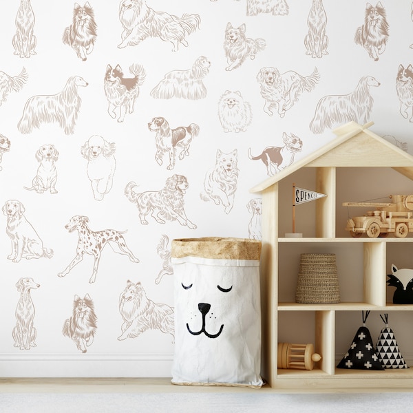 Dog Coloring Wallpaper PVC Free for Kids Room, Brown Wall Decor Pets Print for Nursery, Wall Covering Roll Removable for Cottage Decoration