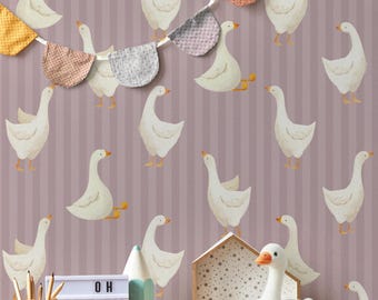 Rosa Gans Tapete für Kinderzimmer, skandinavische Tapete, Kinderzimmer Akzent Wandbild, Schälen und Aufkleben oder Traditionell