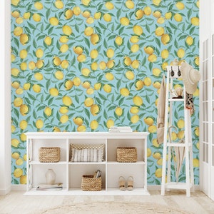 Carta da parati a forma di limone su sfondo blu per bar, decorazione da parete con motivo rimovibile a forma di frutta senza PVC, carta da parati gialla staccabile e attaccabile per cottage