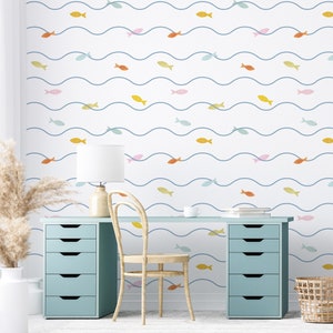 Fish Wallpaper on Waves for Kids Room, PVC Free Colorful Fish Wall Decor for Toddler, Funky Wall Covering Peel And Stick For Baby Bedroom
