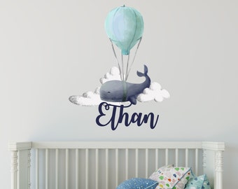 Whale Decal. Watercolor Decals. Clouds Wall Sticker . Boy Nursery Wall Decor. Boys Name Wall Decal. Custom Decals. Balloon Wall Art  R45