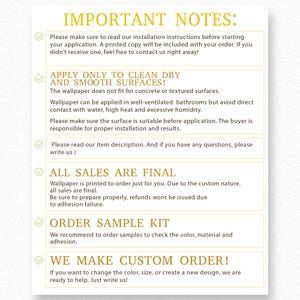 a set of instructions for wallpaper application, including details on how to properly prepare the surface, order sample kits, and make custom orders.