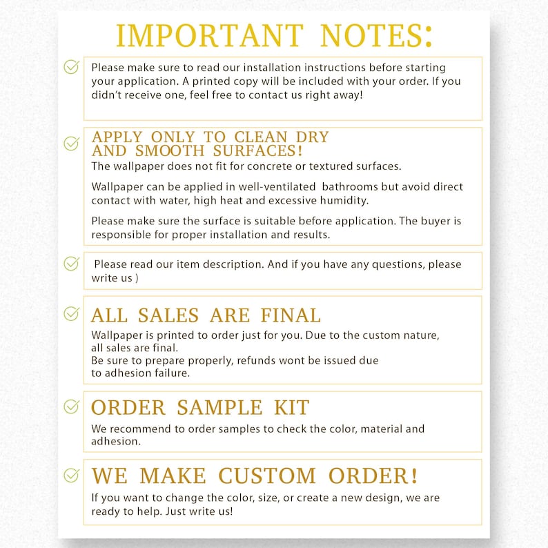 a set of instructions for wallpaper application, including details on how to properly prepare the surface, order sample kits, and make custom orders.
