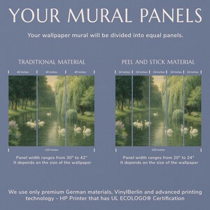 The image is a comparison of two different types of wallpaper panels, one with traditional material and the other with peel and stick material. The panels are divided into equal sections, and the image shows the panels with swans in a pond.