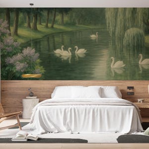 Swan Lake Peel and Stick Wall Mural, Calm Landscape Nature Wallpaper with Forest and Swans, Romantic Vintage Style Art for Living Room image 3