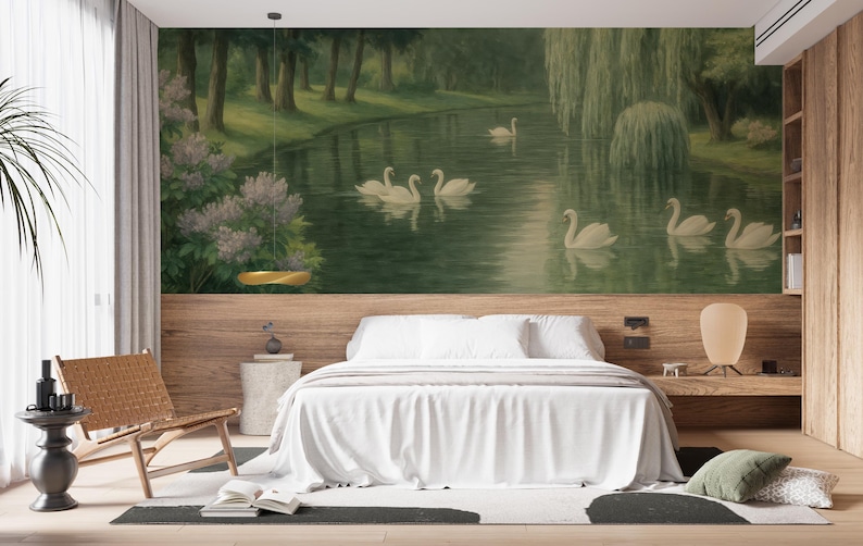 Swan Lake Peel and Stick Wall Mural, Calm Landscape Nature Wallpaper with Forest and Swans, Romantic Vintage Style Art for Living Room image 3
