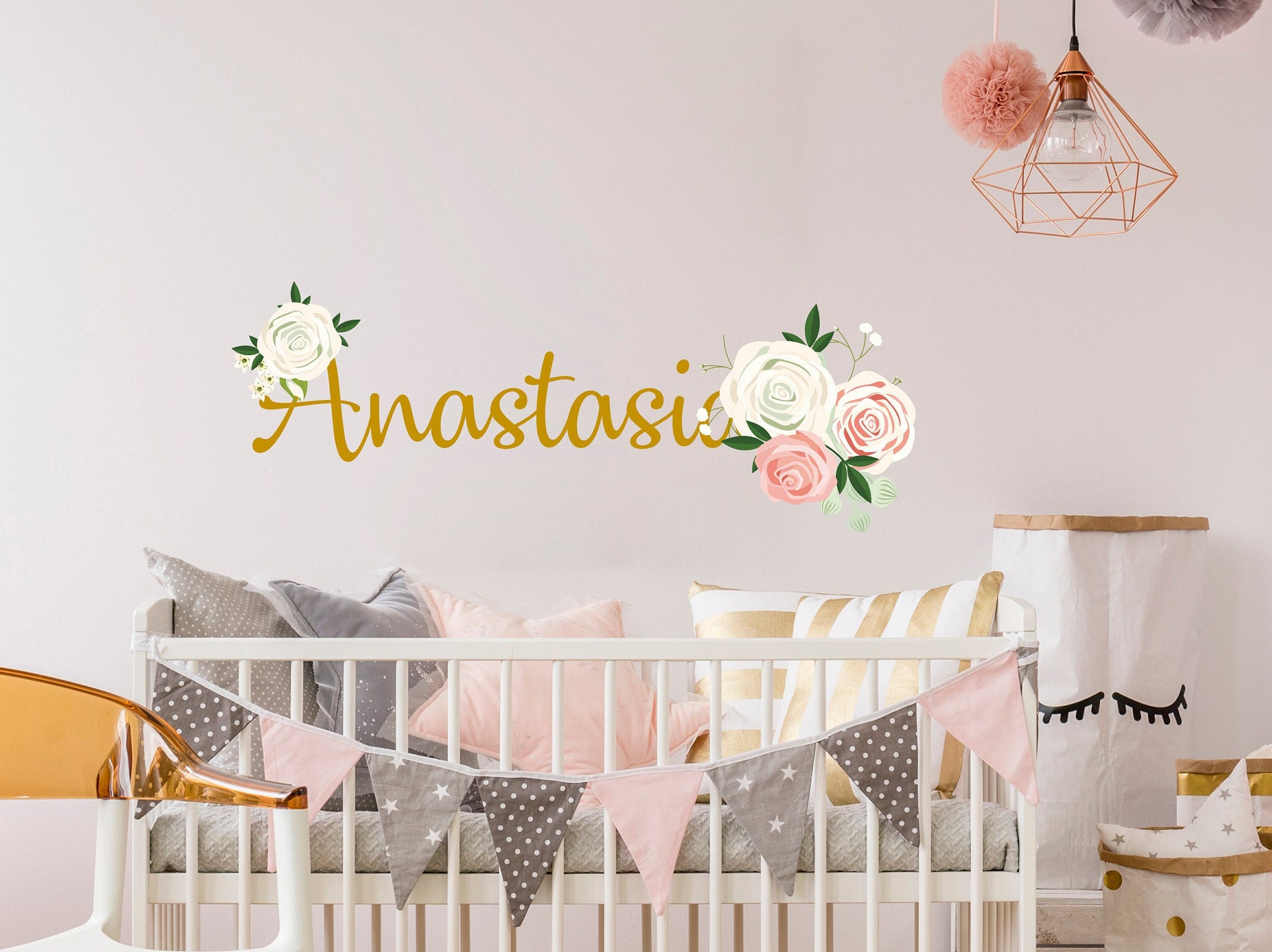 Custom Name Watercolor Flowers Wall Decal - Baby Girl Name Decal ...