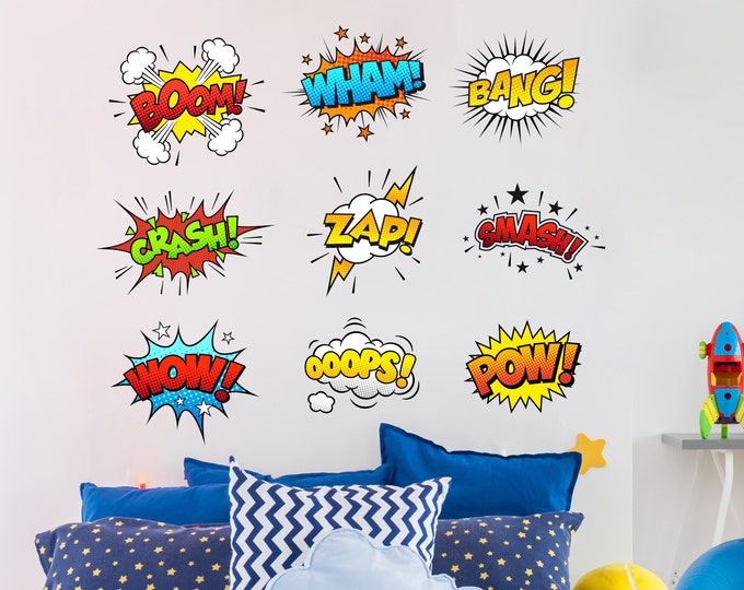 Comic Book Wall Decal for Kids Game room, Superhero Wall Decal for Nursery Decor, PVC Free Wall Sticker Comic Book for Boy Room Decoration