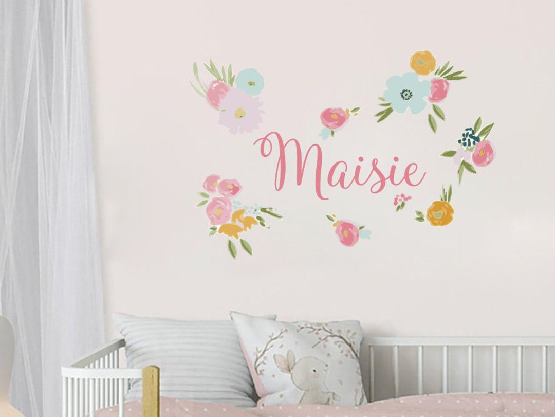 Watercolor Flowers Wall Decal - Custom Girl Name Decal - Baby Nursery ...