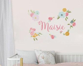 Watercolor Flowers Wall Decal - Custom Girl Name Decal - Baby Nursery Decor - Flower Vinyl Stickers -  Colorful Wall Print R63