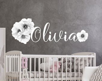 Watercolor Flowers  Black and White / Custom Name Wall Decals / Baby Girl Name Nursery Wall Print / Kids Decor / Floral Vinyl Stickers R172