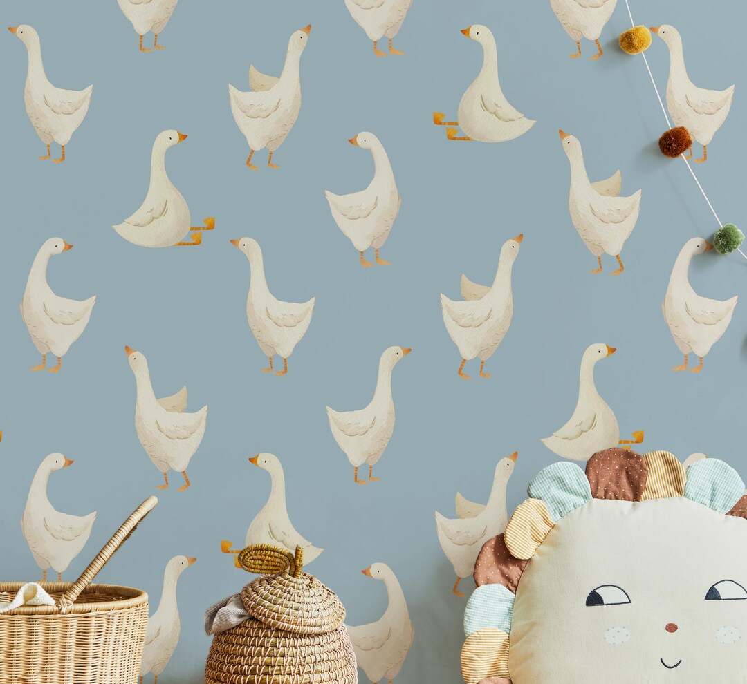 Blue Goose Wallpaper for Kids Bedroom, Funny Geese Nursery Wall Mural ...