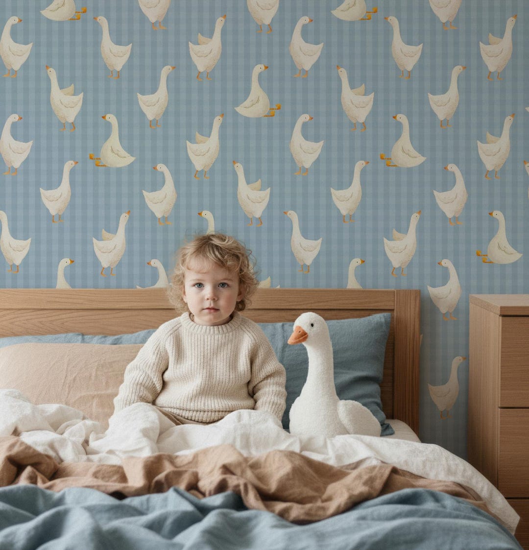 Farmhouse Goose Wallpaper for Kids Bedroom, Blue Geese Nursery Wall ...