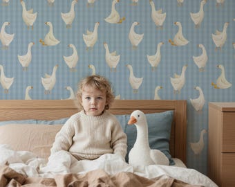 Boerderijbehang met ganzen voor de kinderkamer, muurschildering met blauwe ganzen voor de babykamer, zelfklevend of traditioneel behang.