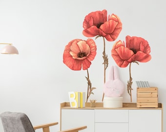 Poppy Flowers Wall Sticker for Bedroom - Floral Decal Home Decoration - Watercolor Poppy Wall Art Mural - Red Poppy Living Room Decor R277