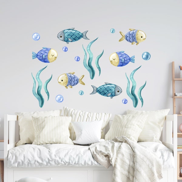 Sea Life Creatures Wall Decal, Sea World Wall Decal Set Fish, Bubbles Stickers, Underwater Scene, School of Fish Nursery Wall Decals R275