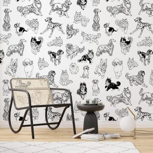 Dog and Cat Wallpaper Peel and Stick, Monochrome Animal Line Art, Modern Pets Pattern, Black and White Wall Mural Removable Decor For Home