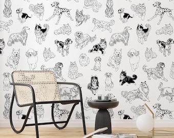 Dog and Cat Wallpaper Peel and Stick, Monochrome Animal Line Art, Modern Pets Pattern, Black and White Wall Mural Removable Decor For Home