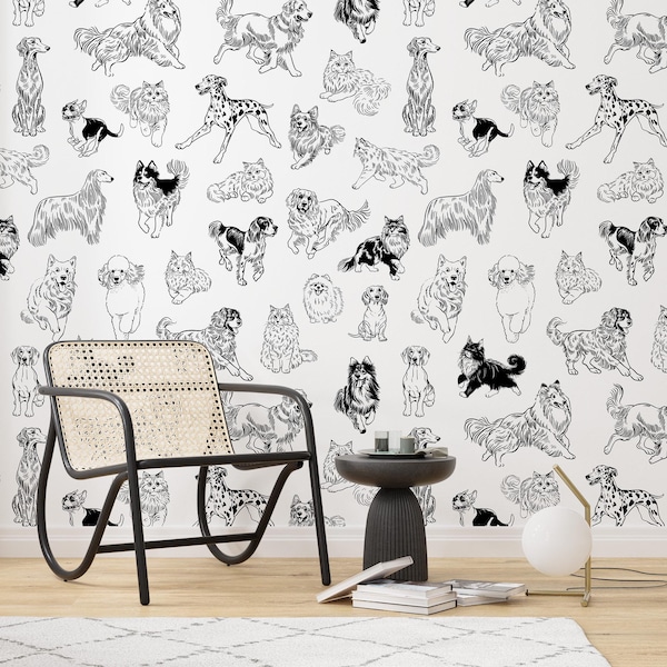 Behang met honden en katten, zelfklevend, monochrome dierenlijnkunst, modern huisdierenpatroon, zwart-wit muurschildering, verwijderbare decoratie voor thuis