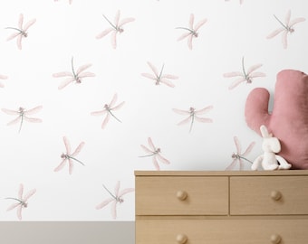Neutral tapet med trollslända för barnrum, PVC-fri neutral trendig väggdekor för flicka småbarn, väggmålning minimalistisk rulle för barnrum