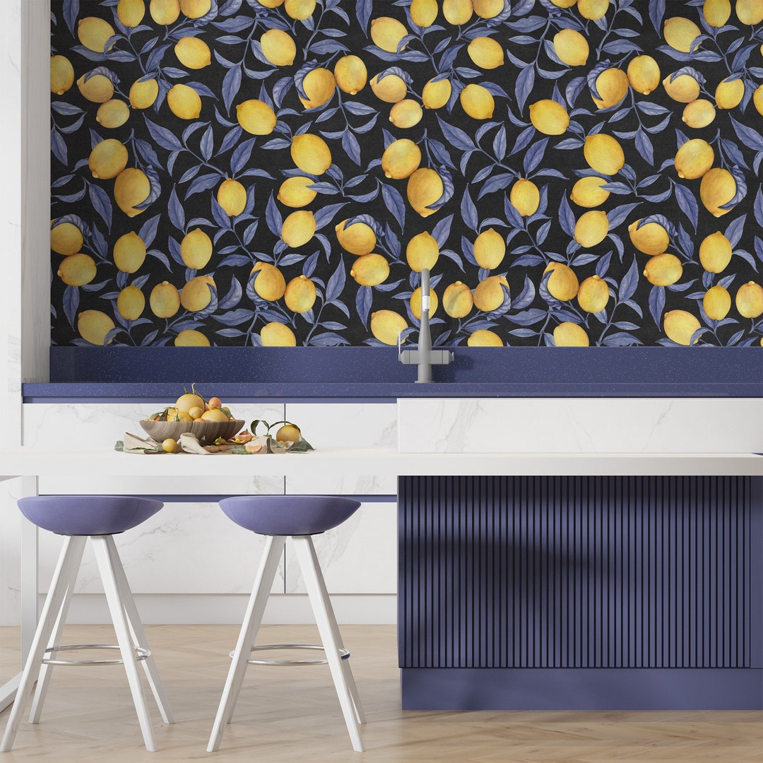 Dark Lemon Wallpaper Peel and Stick for Kitchen, Citrus Pattern Wall ...