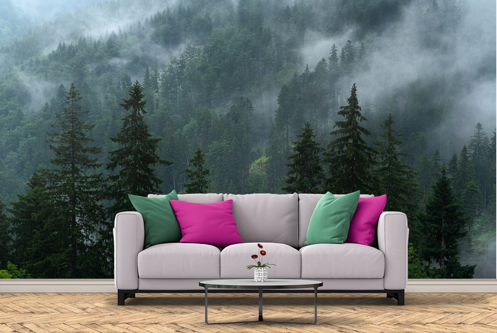 Foggy Forest Wallpaper Wall Mural Mountains Wallpaper Mural Etsy