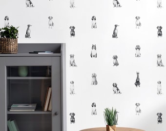Zwart-wit hondenbehang, hondenrassen accentmuurschildering voor hal, verwijderbaar hondenbehang voor woondecoratie