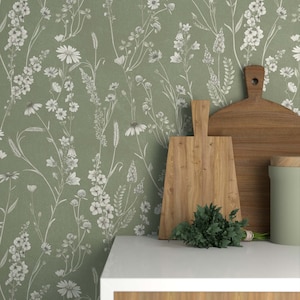 Sage Green Floral Wallpaper Peel and Stick, Cottage Kitchen Wallpaper Roll, Boho Wildflower Wallpaper Removable, PVC Free