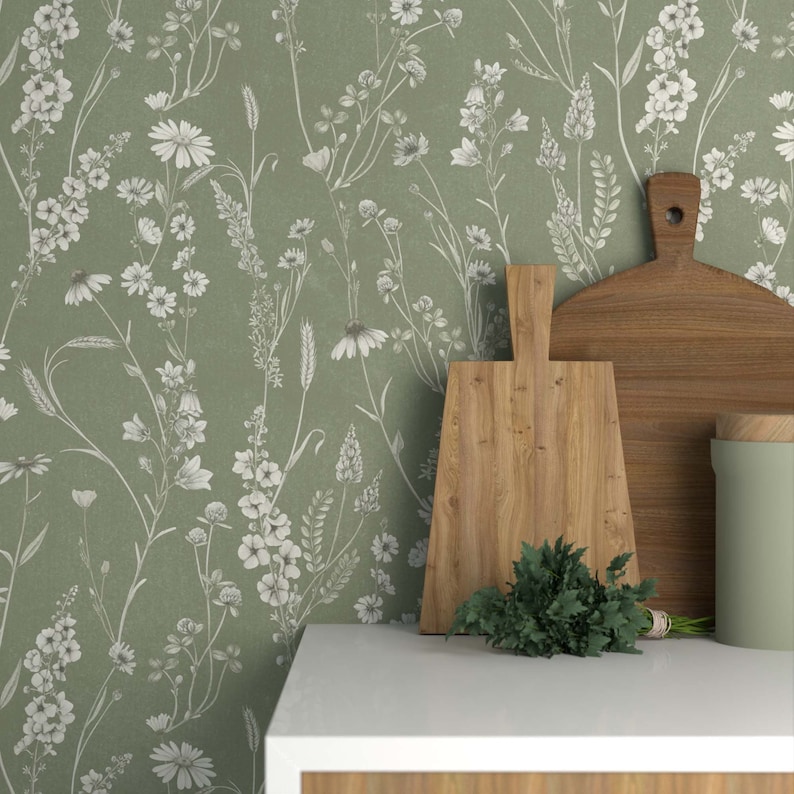 Sage Green Floral Wallpaper Peel and Stick, Cottage Kitchen Wallpaper Roll, Boho Wildflower Wallpaper Removable, PVC Free image 1