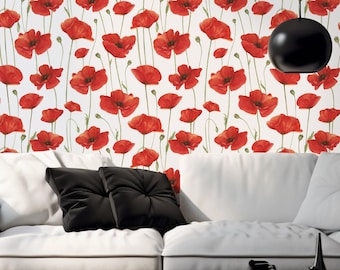 Poppy Wallpaper for Living Room Removable, Peel and Stick Poppies Wall Mural for Cottage, Poppy Temporary Wallpaper for Accent Wall Decor