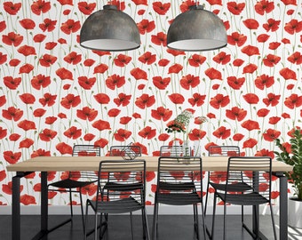 Red Floral Wallpaper for Home Decor, Removable Poppy Flower Wall Mural for Cottage, Peel and Stick Self Adhesive Pattern Wildflower Kitchen