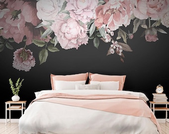 Dark Floral Watercolor Print Wallpaper - Self Adhesive Wallpaper Flowers - Floral Wallpaper Mural Peel and Stick - Peony for Girls Nursery