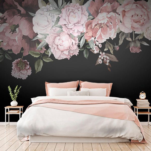 Dark Floral Watercolor Print Wallpaper - Self Adhesive Wallpaper Flowers - Floral Wallpaper Mural Peel and Stick - Peony for Girls Nursery