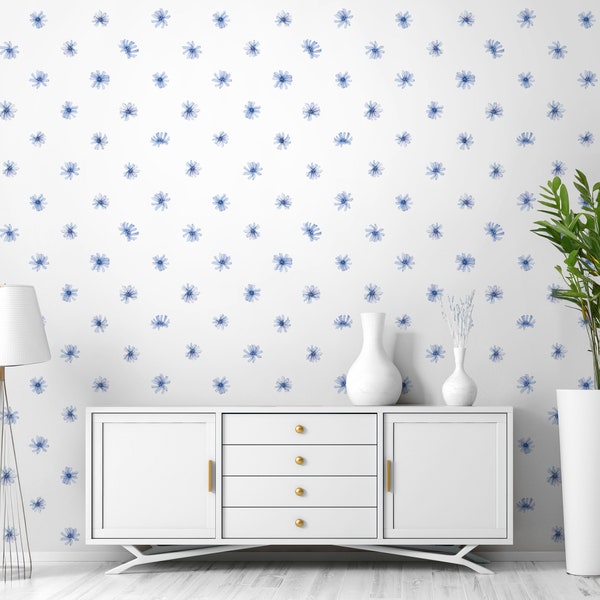 Blue Daisy Wallpaper For Girl Room, Peel and Stick Floral Wall Mural for Nursery, Blue Pattern PVC Free Farmhouse Wallpaper Roll Decoration